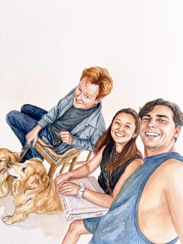 Watercolor of Michelle, Jackson and Conan O'Brien