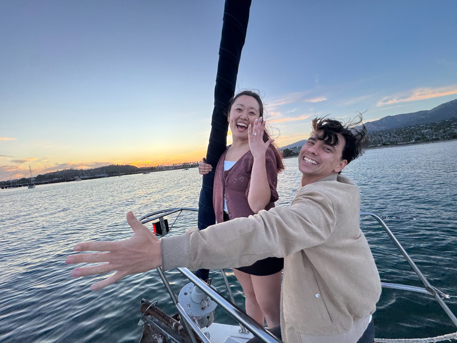 Michelle and Jackson just engaged, on a sailboat in Santa Barbara